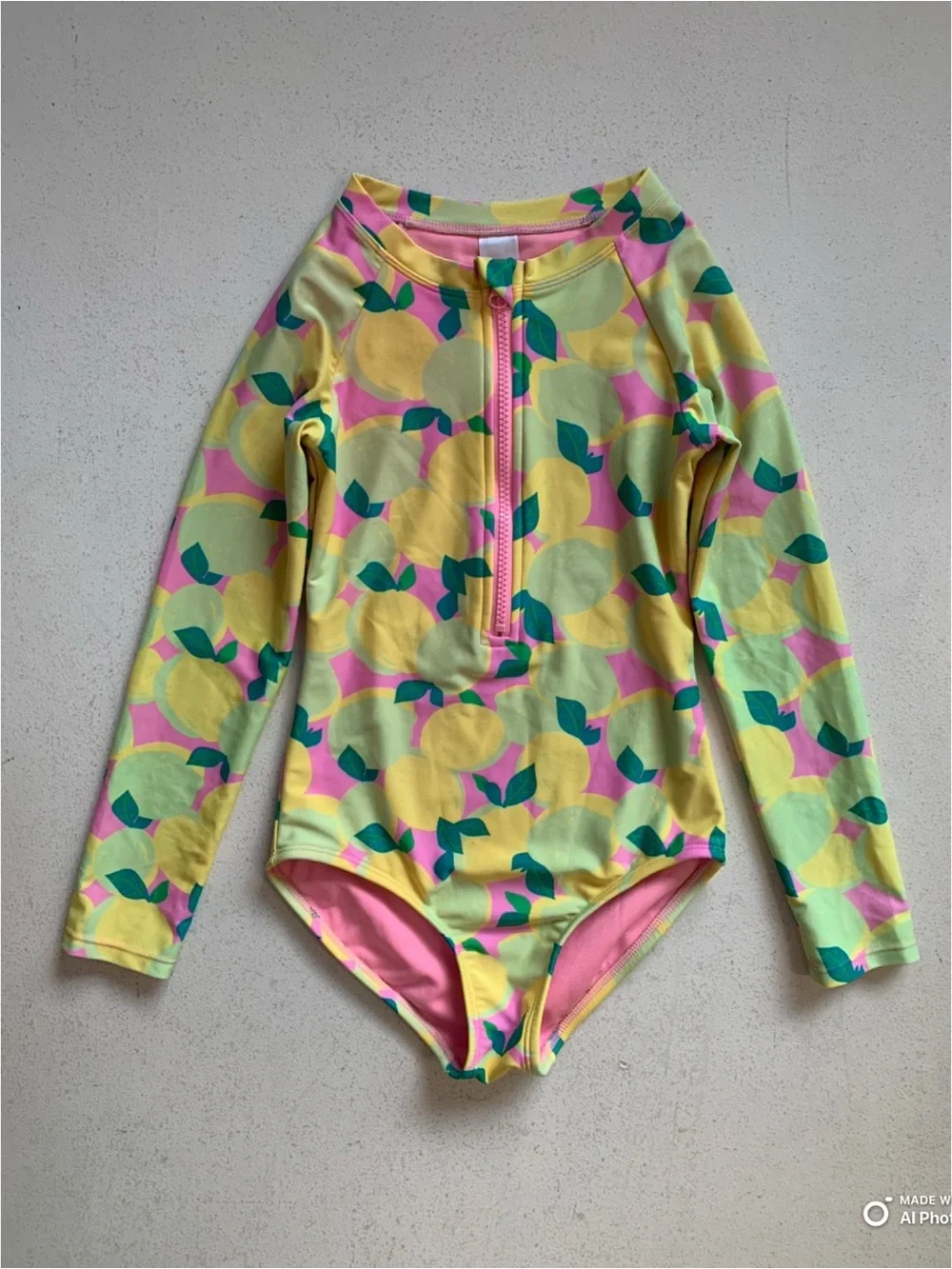 Cat & Jack Girls Medium Lemon Lime Print Long Sleeve One-Piece Swimsuit FLAWS